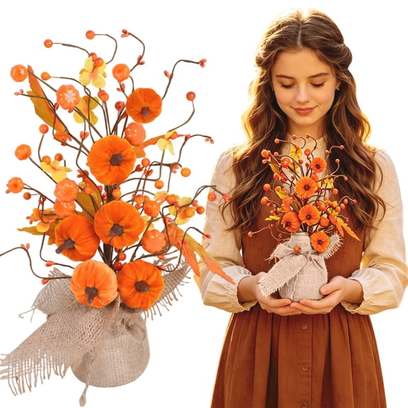 Decorr Fall Decor for Home 15.75" Artificial Fall Pumpkin Berry Maple Leaf Tree with Lights for Tabletop Thanksgiving Autumn Harvest Indoor Decor