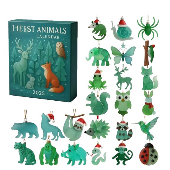 Decorr Forest Animal Advent Calendar, 24Pcs Single-Sided Printed 2D Acrylic Ornament Blind Box, Green Woodland Creature Christmas Tree Hanging Charms, Xmas Countdown Decor Gifts for Nature Lovers