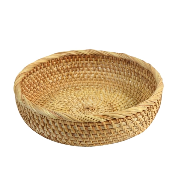 Decorr Hadewoven Round Rattan Fruit Basket Wicker Food Tray Weaving Storage Holder Dinning Room Bowl, 8 Inch Small Bread Baskets Tray for Serving with Deep Wall, Brown (Small 7.99x2.56")