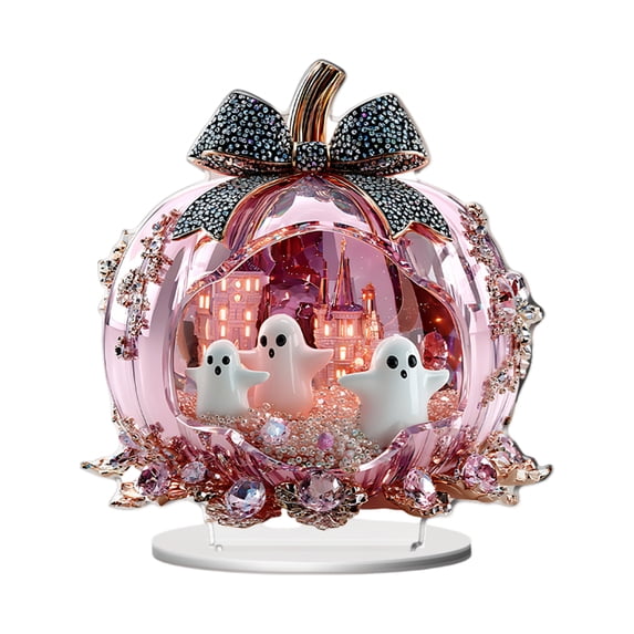 Decorr Halloween Acrylic Tabletop Decor, 7.87" Pink Cute Ghost Pumpkin Freestanding Ornament, 2D HD Print Waterproof Halloween Decorations for Farmhouse Mantel Tiered Tray &Fall Home Layout