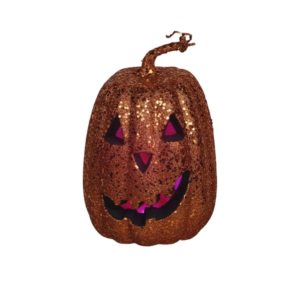 Decorr Halloween Decorations Gold Glitter Light Up Pumpkin Jack O Lantern, 10.63 Inch Tall Hollow Plastic LED Pumpkin Lamp with Purple Light, Large Statement Indoor Fall Decor