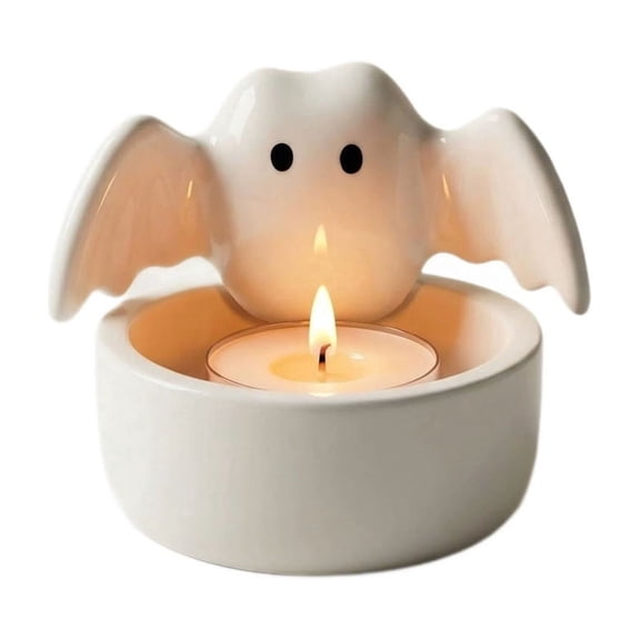 Decorr Halloween Decorative Candle Holder, 2.8" Cute Ghost Bat Ceramic Tealight Candle Holder, Small White Porcelain Ghost Figurine Tabletop Ornament for Home Bedroom Party Holiday Decor Gift