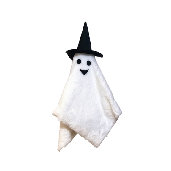 Decorr Halloween Hanging Ghosts Decor, 15.8 Inch Fluffy Plush Ghost Ornament with Black Witch Hat, Cute Smiling Ghost Hanging Sign for Indoor Outdoor Halloween Decorations