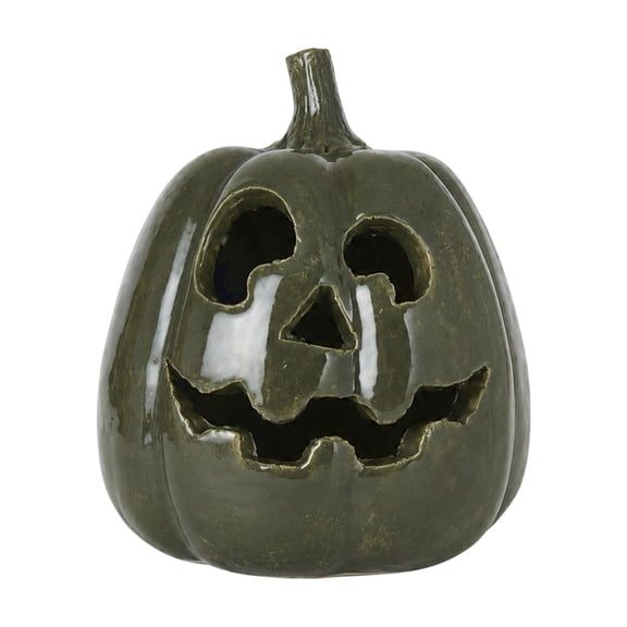 Decorr Halloween Light Up Pumpkin Decor, 5.12" Green Carved Hollow Pumpkin Figurine with LED Light Strip, Warm White Pumpkin Lantern,Halloween Decorations for Indoor Tabletop Mantel Party Scene