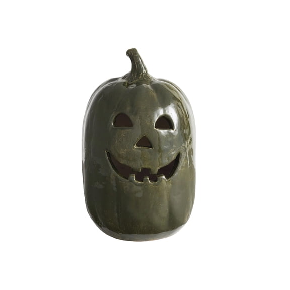 Decorr Halloween Light Up Pumpkin Decor, 6.3" Green Carved Hollow Pumpkin Figurine with LED Light Strip, Warm White Pumpkin Lantern,Halloween Decorations for Indoor Tabletop Mantel Party Scene