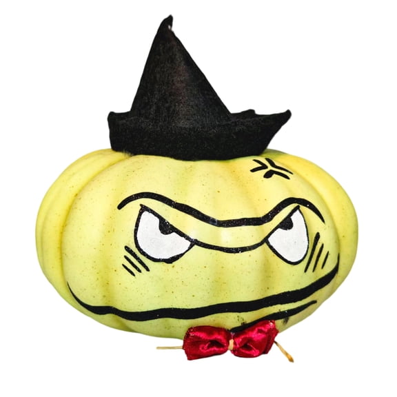 Decorr Halloween Pumpkin Decorations, 7.5 Inch Angry Face Artificial Foam Fake Pumpkin with Witch Hat & Red Bow Tie, Tabletop Mantel Window Sill Fall Harvest Indoor Halloween Party Ornament