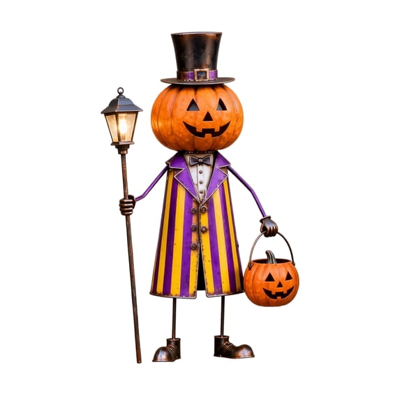 Decorr Halloween Pumpkin Man Garden Statue, 20" Rustic Iron Pumpkin Figure with Lantern & Pumpkin Bucket, Weatherproof Stable Base, Halloween Decorations for Yard Front Door & Porch (Magician)