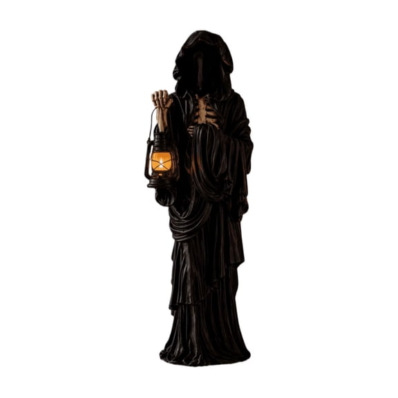 Decorr Halloween Skeleton Decor, 10 Inch Faceless Grim Reaper LED Tabletop Night Light, Gothic Resin Skeleton Statue with Warm Light Lantern, Spooky Halloween Decorations for Mantel Shelf Desk