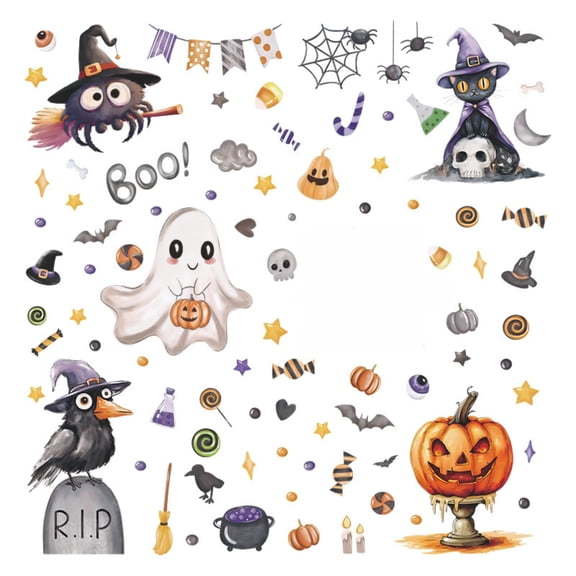 Decorr Halloween Static Window Clings 86Pcs 6 Sheets, Cute Ghost Crow Pumpkin PVC Wall Stickers, Reusable No Adhesive Holiday Party Decor, Halloween Decorations for Home Bedroom Living Room