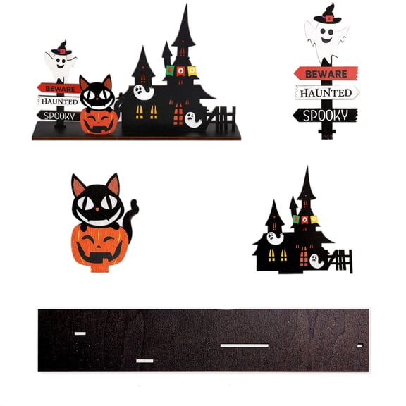 Decorr Halloween Table Decorations, 5.6x8.6" Wooden Haunted House Black Cat Ghost Centerpiece, Spooky Halloween Decor for Home Party Mantel Tiered Tray