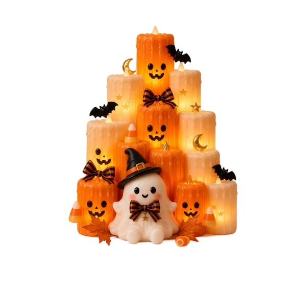 Decorr Halloween Tabletop Decor 11.8 Inch Tiered Dripping LED Candle, Resin Ghost & Pumpkin Light Up Centerpiece with Bat Moon Maple Leaf, Farmhouse Mantel Fall Holiday Party Ornament Gift