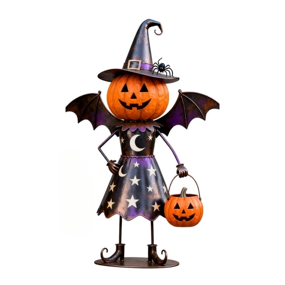 Decorr Halloween Witch Pumpkin Garden Statue, 14" Hand-Painted Iron Pumpkin Figure with Bat Wings & Spider Witch Hat, Halloween Decorations for Outdoor Yard Front Door & Porch (Star Witch)