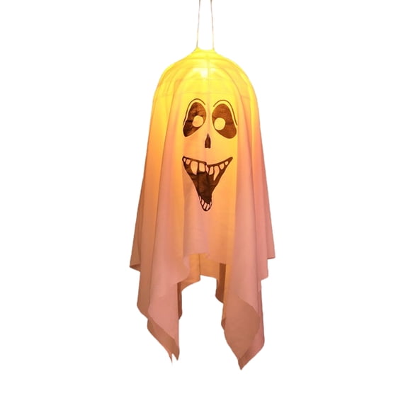 Decorr Hanging Ghosts Halloween Decor, 17.7" LED Glowing Fabric Floating Ghost Ornament, Spooky Laughing Face Phantom Light, Halloween Decorations for Tree Porch Fireplace Indoor Outdoor (White)