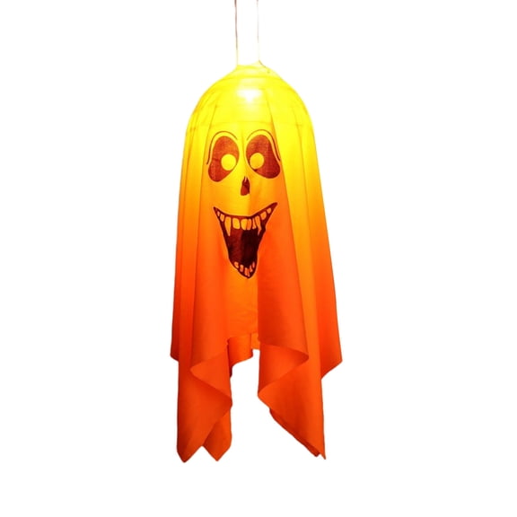 Decorr Hanging Ghosts Halloween Decor, 17.7" LED Glowing Fabric Floating Ghost Ornament, Spooky Laughing Face Phantom Light, Halloween Decorations for Tree Porch Fireplace Indoor Outdoor (Orange)