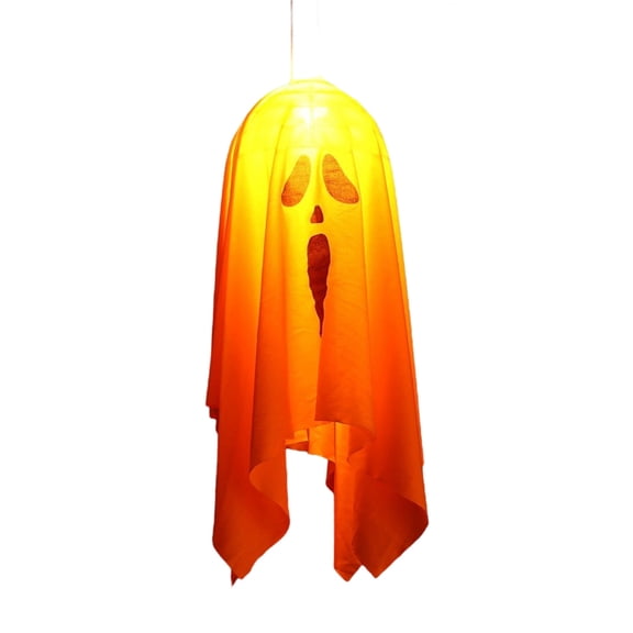 Decorr Hanging Ghosts Halloween Decor, 17.7" LED Glowing Fabric Floating Ghost Ornament, Spooky Surprised Face Phantom Light, Halloween Decorations for Tree Porch Fireplace Indoor Outdoor (Orange)