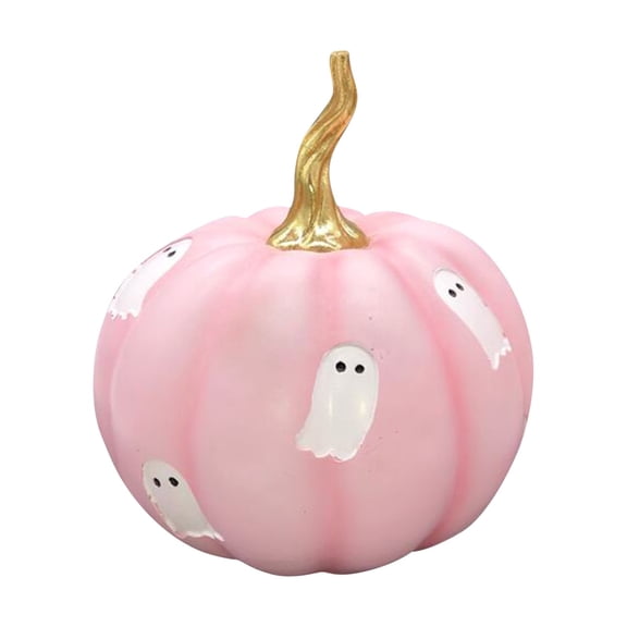 Decorr Pink Ghost Pumpkin Halloween Decor, 7 Inch Cute Resin Pumpkin with White Ghost Pattern & Golden Stem, Halloween Decorations, Fall Tabletop Ornament for Home Party Indoor Decor