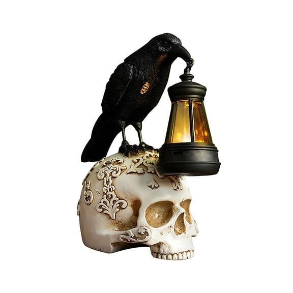 Decorr Raven on Skull Lamp Desk Ornament, Halloween Decorations Crow Skull LED Lantern, Spooky Gothic Lighted Statue for Tabletop & Haunted House, White
