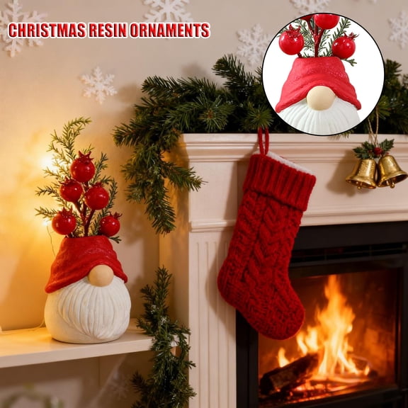 Decorr Resin Christmas Dwarf Figurine - Hand-Painted Details (Knitted Hat + Red Berries + Green Branches), Durable For Table/Windowsill/Christmas Tree Base Decor, Ideal Holiday Gift (1-Piece)