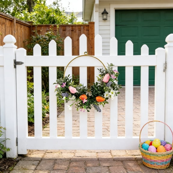 Decorr Spring Wreath for Front Door,12.6x14.2" Vintage Rose Metal Hoop Wreath Easter Floral Wreath, Artificial Flower Wreath for Wall Door Window Decor, Indoor Easter Decoration