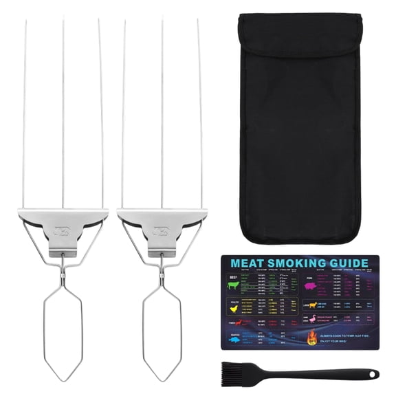 Decorr Stainless Steel Triple Prong BBQ Skewers Set, 2-Pack Reusable Meat Forks with Storage Bag, Silicone Basting Brush & Meat Smoking Guide, Ideal for Grilling Chicken, Steak, Vegetables
