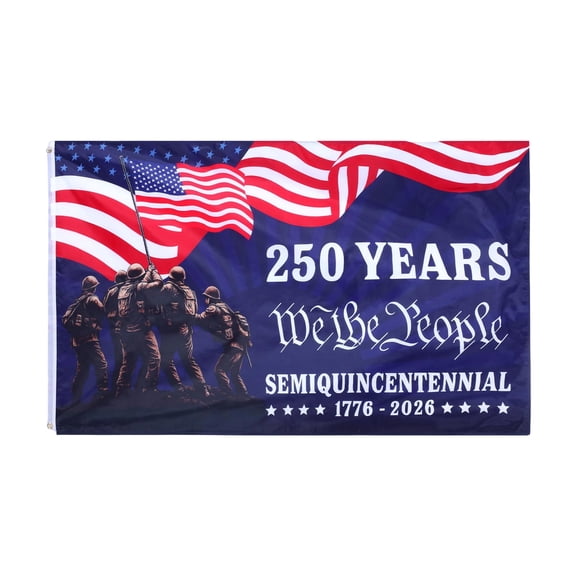 Decorr USA 250 Years We The People Flag, Semiquincentennial Banner with Soldier & Flag Graphic, Outdoor Patriotic Banner, Great for Porches, Yards, Parades, and Historical Events, 35×24"