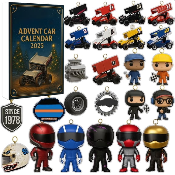 Decorr World of Outlaws Sprint Car Series Advent Calendar 2026 24 Days of 2D Acrylic Racing Mini Figures, Car-Themed Collectibles & Holiday Countdown Surprises for Fans Christmas Tree Decorations