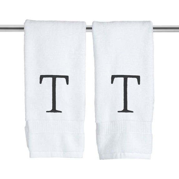 Decorvo Black & White Bathroom Hand Towel - Monogrammed Luxury Hotel Quality Decorative Towel - GOTS Organic Certified - Set of 2 Letter T