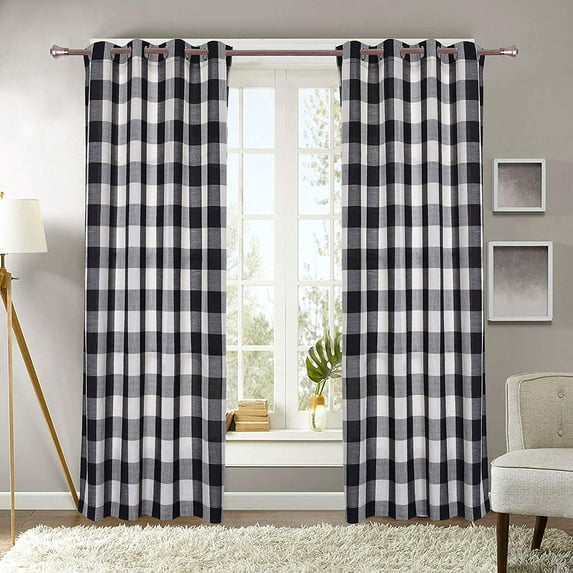 Decotex 1 Piece Plaid Courtyard Buffalo Checkered Grommet Top Window Curtain Drape Panel or Valance (53" X 84", Black/Beige)