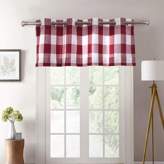 Decotex 1 Piece Plaid Courtyard Buffalo Checkered Grommet Top Window Curtain Valance (1 Valance 53" X 18", Burgundy/Beige)