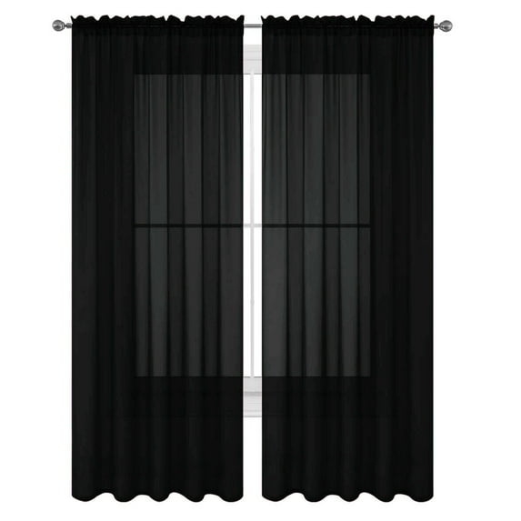 Decotex 2 Piece Elegant Solid Sheer Window Curtain Panels Treatment Drapes (55" X 63", Black)