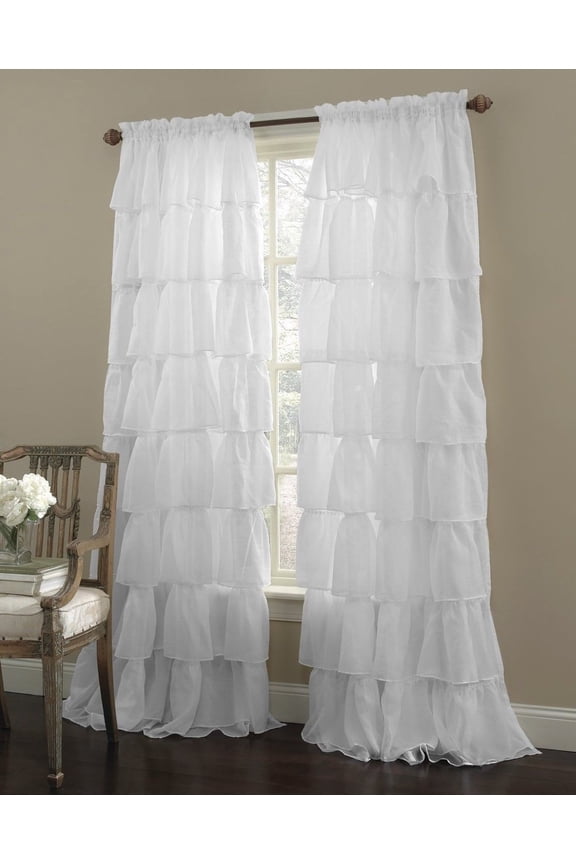 2 Piece Gypsy Ruffled Shabby Chic Crushed Sheer Voile Window Curtain Treatment Panel Drapes (55" X 84", White)