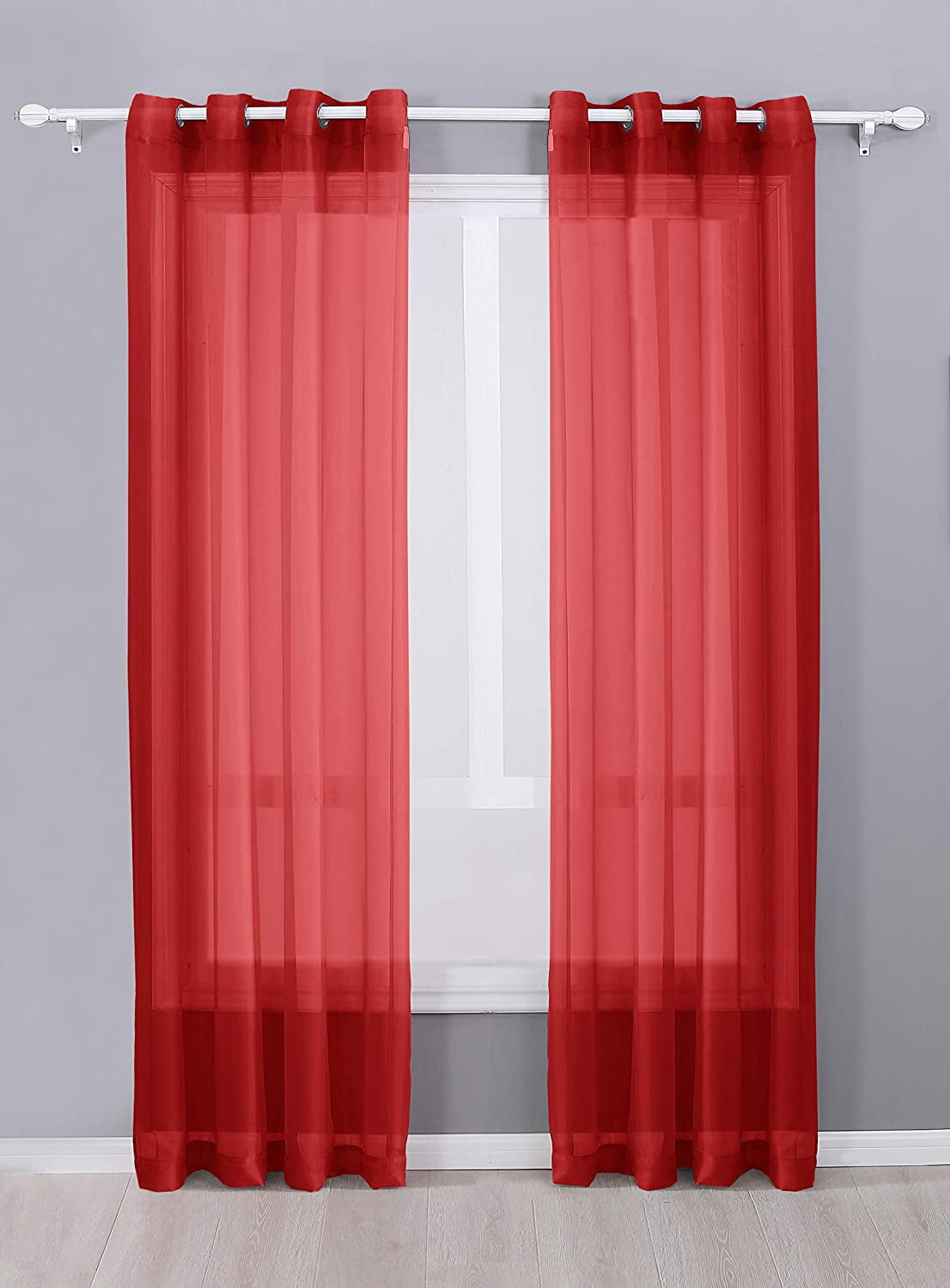 Decotex 2 Piece Sheer Voile Grommet Top Window Curtain Panel Drapes (54" X 63", Red)