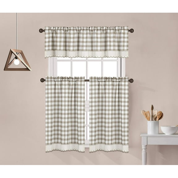 Decotex 3 Piece Buffalo Check Plaid Gingham Crochet Lace Trimmed Kitchen Window Curtain Tiers & Valance Set (24" Tiers with 14" Valance, Taupe/Beige)