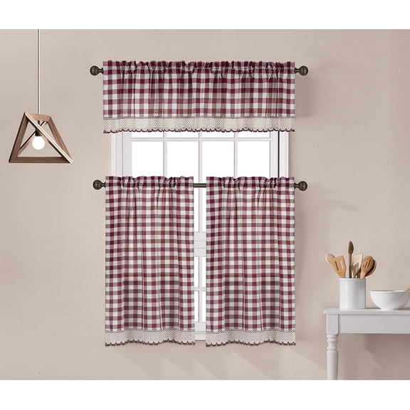 Decotex 3 Piece Buffalo Check Plaid Gingham Crochet Lace Trimmed Kitchen Window Curtain Tiers & Valance Set (36" Tiers with 14" Valance, Burgundy/Beige)