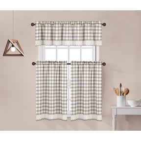 Decotex 3 Piece Buffalo Check Plaid Gingham Crochet Lace Trimmed Kitchen Window Curtain Tiers & Valance Set (36" Tiers with 14" Valance, Taupe/Beige)
