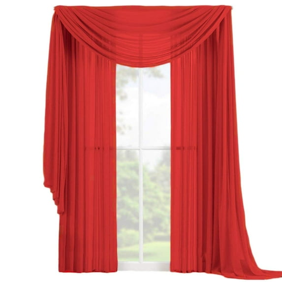 Decotex 3 Piece Fully Stitched Sheer Window Curtain Drape Set 2 Panels and 1 Matching Scarf (108" Length, Red)
