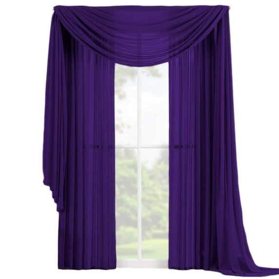 Decotex 3 Piece Fully Stitched Sheer Window Curtain Drape Set 2 Panels and 1 Matching Scarf (63" Length, Purple)