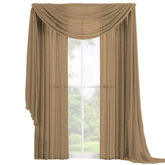 Decotex 3 Piece Fully Stitched Sheer Window Curtain Drape Set 2 Panels and 1 Matching Scarf (63" Length, Taupe)