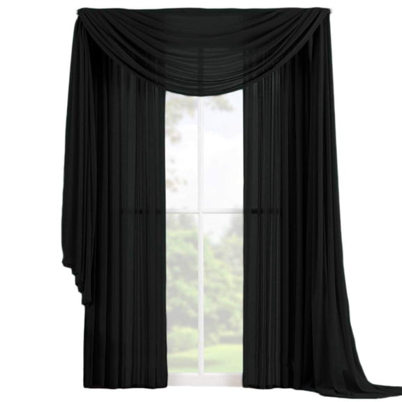 Decotex 3 Piece Fully Stitched Sheer Window Curtain Drape Set 2 Panels and 1 Matching Scarf (84" Length, Black)