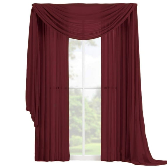 Decotex 3 Piece Fully Stitched Sheer Window Curtain Drape Set 2 Panels and 1 Matching Scarf (95" Length, Burgundy)