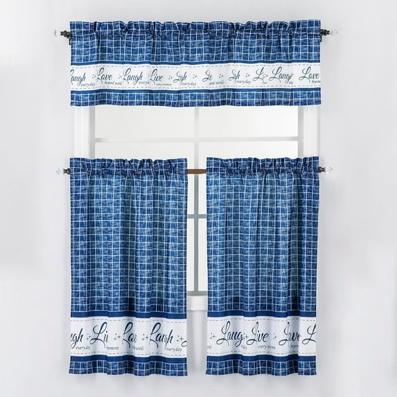 Decotex 3 Piece Live Love Laugh Gingham Check Plaid Kitchen Window Curtain Tiers and Valance Set (Royal Blue, 36" Tiers with 14" Valance)