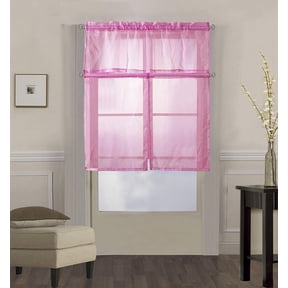 Decotex 3 Piece Solid Sheer Voile Kitchen Window Curtain Tier & Valance Set (36" Tiers with 18" Straight Valance, Light Pink)