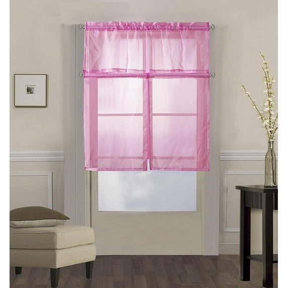 Decotex 3 Piece Solid Sheer Voile Kitchen Window Curtain Tier & Valance Set (36" Tiers with 18" Straight Valance, Light Pink)
