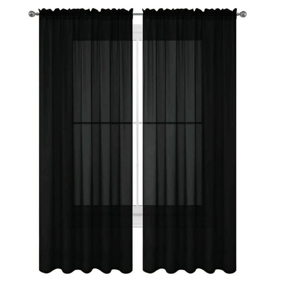 Decotex Elegant Black Rod Pocket Solid Sheer Curtains, 55” x 108” (2 Panels)