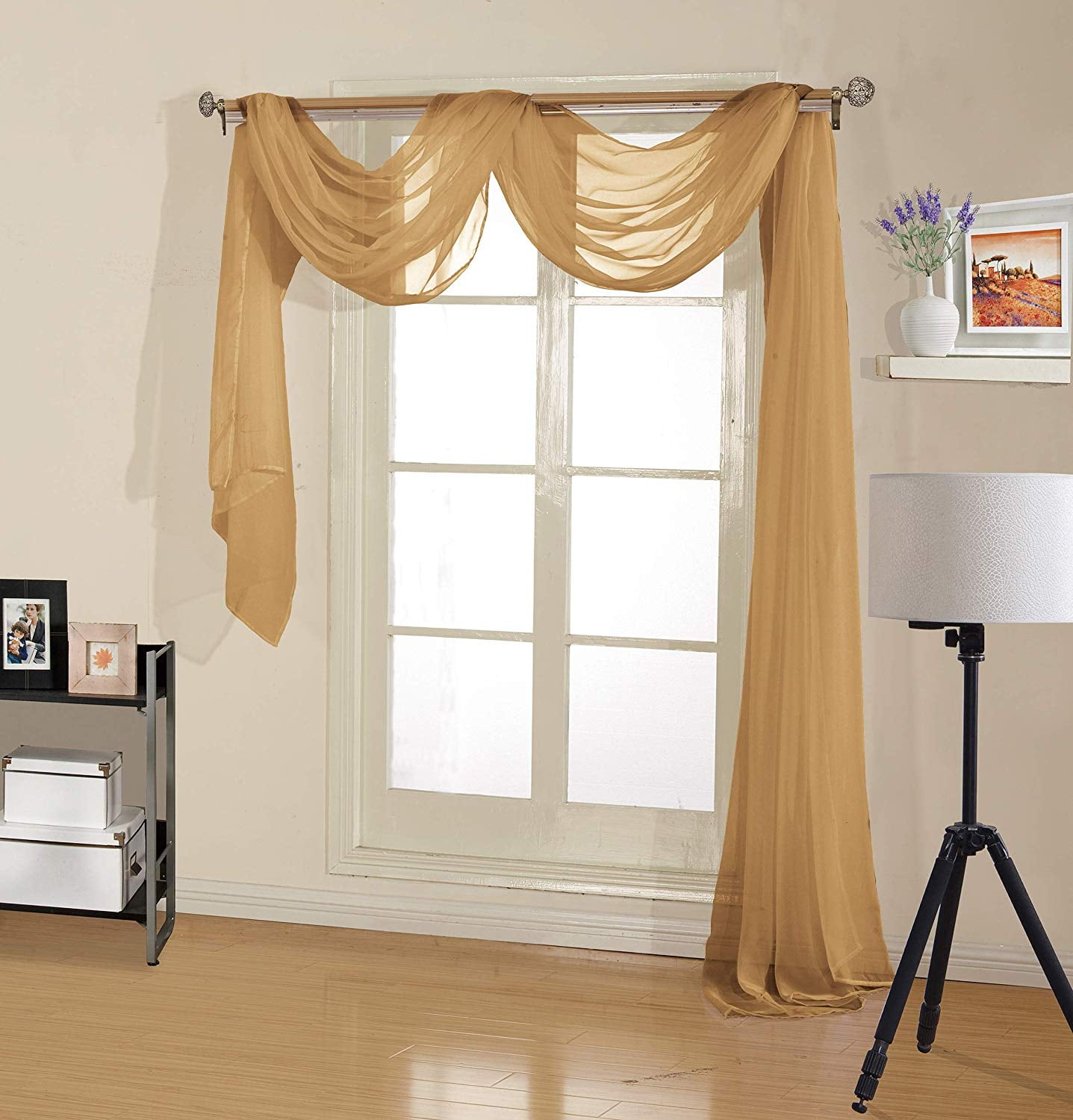 Gold sheer curtain scarf deals