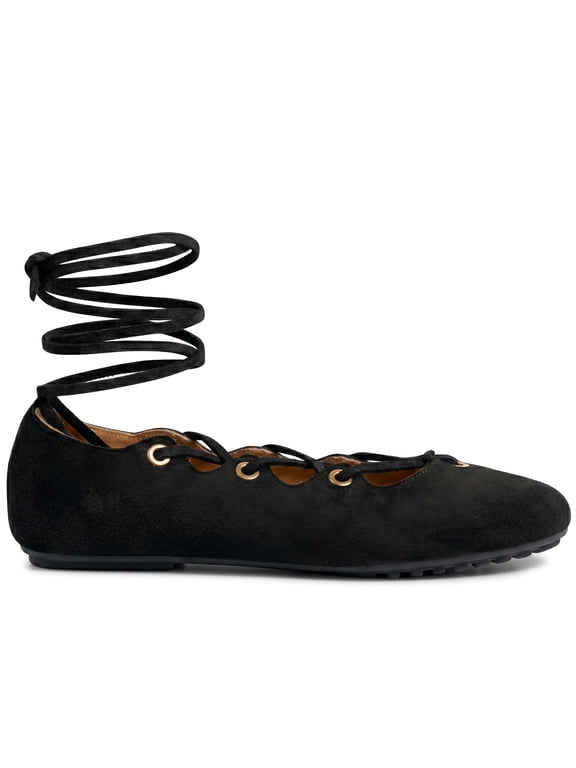 Lace Up Ballet Flats for Women Comfortable Soft Suede Round Toe Retro Dress Flat Shoes