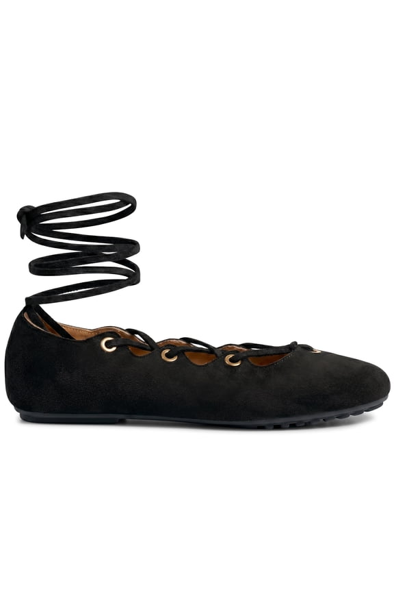 Lace Up Ballet Flats for Women Comfortable Soft Suede Round Toe Retro Dress Flat Shoes