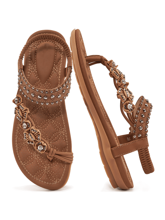 Women Sandals Shoes Comfortable Elastic Heel Strap Non-Slip Sandals Beach Bohemian Flats