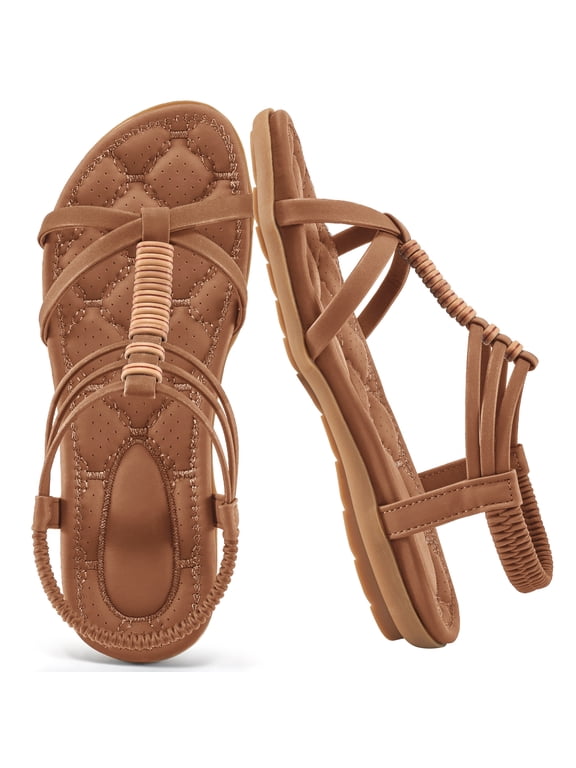 Womens Gladiator Sandals Elastic Ankle Strap Summer Beach Sandals Comfort Flat Shoes Casual
