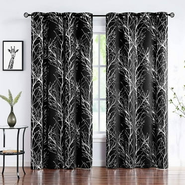 Decoultimatex Black Silver Tree Branch Metallic Print Blackout Window Curtain Panels for Living Room Bedroom Noise Reduction Drapes, Grommet Top, 50"x 84"x 2